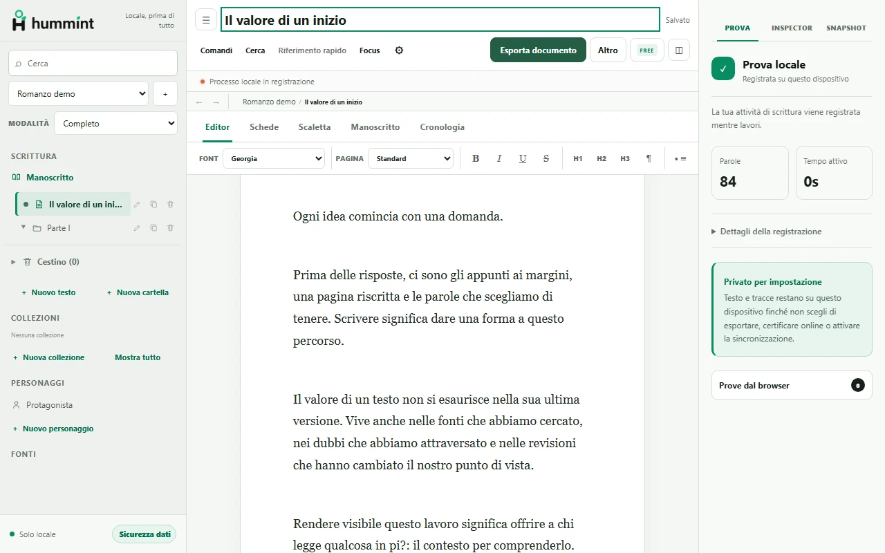 L’editor Hummint con pannello del progetto e dati della registrazione